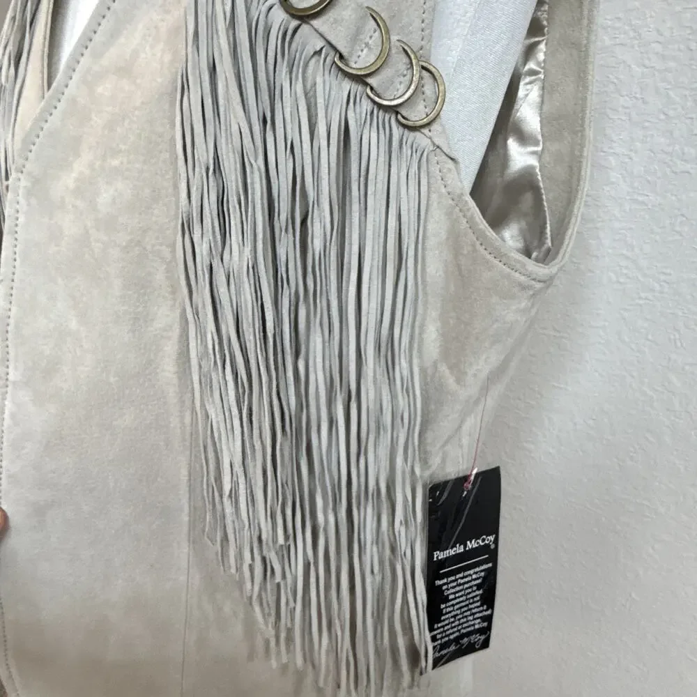 Rare NWT VTG Pamela McCoy Suede Fringe Vest Boho Western Cowgirl Beige Medium
